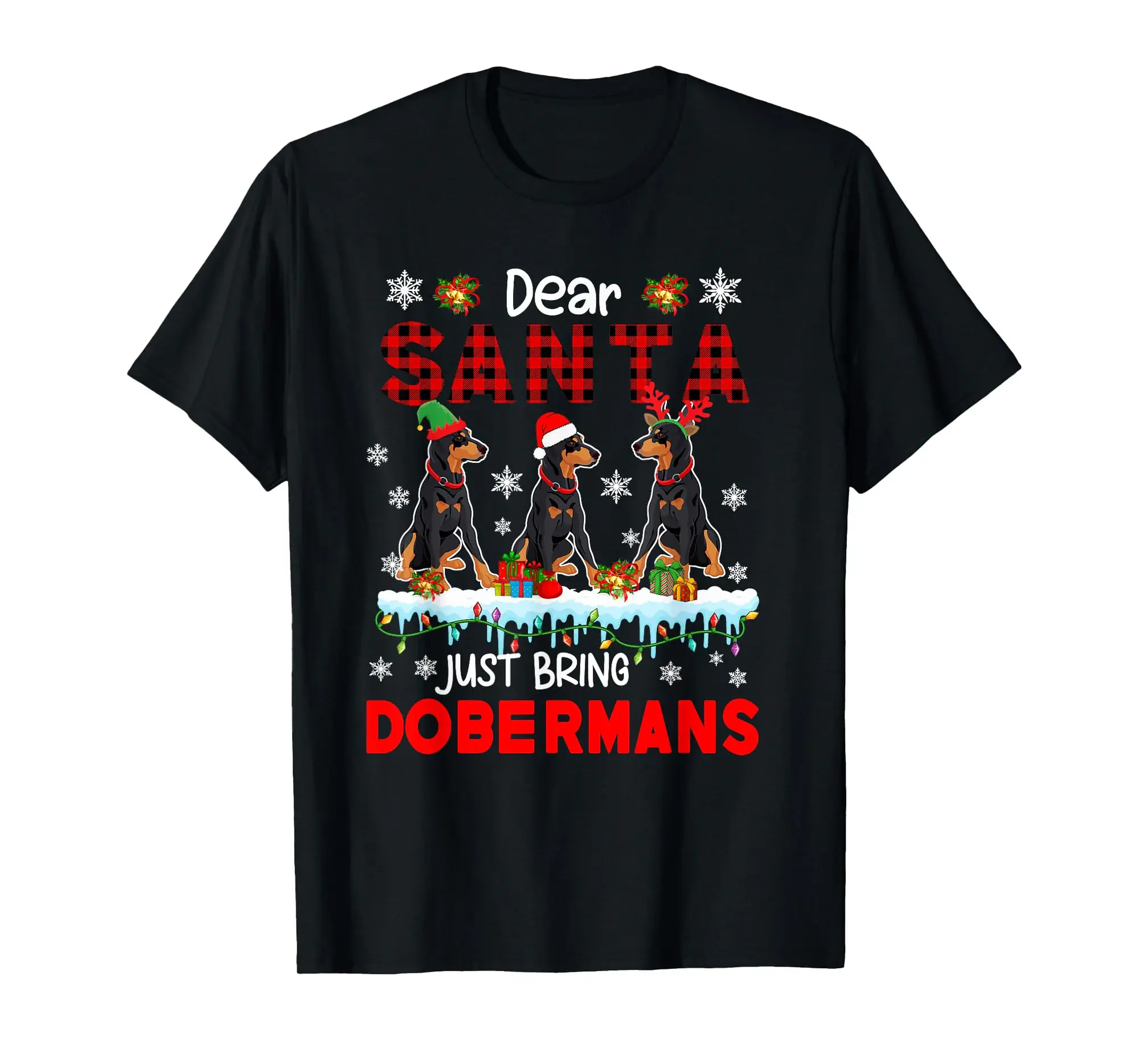 Just Bring Dobermans Xmas Three Santa Reindeer Elf Dogs T-Shirt