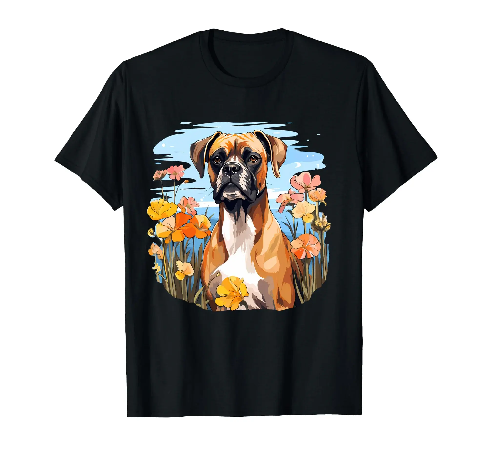Cute Boxer Dog in Botanical Flower Garden Puppy Mom Long Sleeve T-Shirt