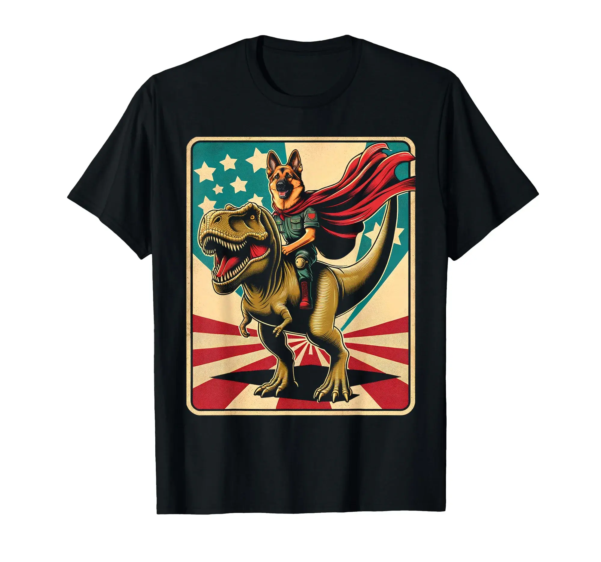 German Shepherd Riding Dinosaur T Rex, Dogs Breed With Flags T-Shirt